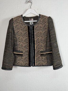 Yoana Baraschi Tweed Jacket Silver Gold Metallic Zip Front Womens 12 NWT $497